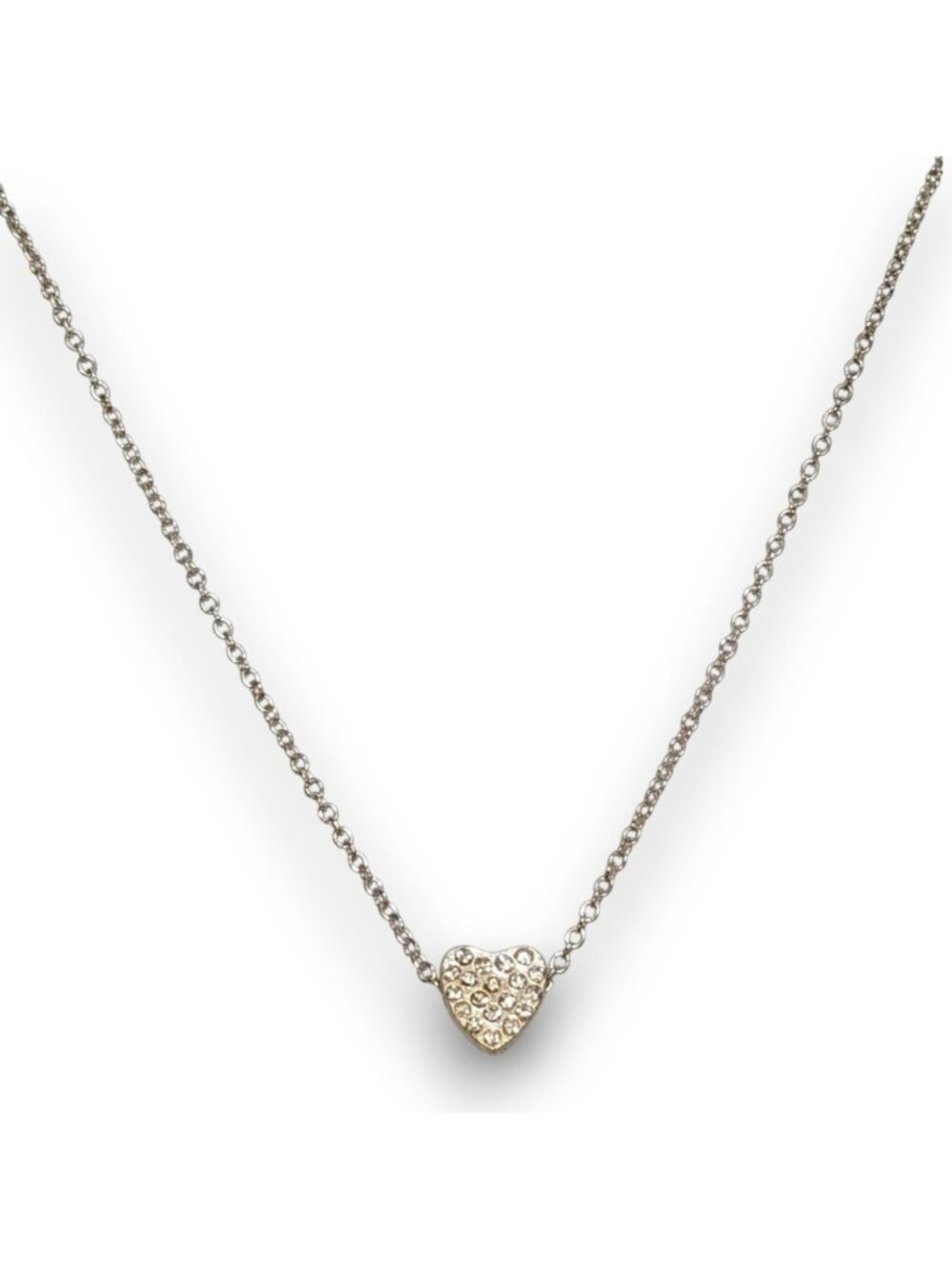 Romantic Silver Tone Clear Rhinestone Heart Necklace 16 Inch EUC